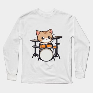 Cute Kitten Drummer for Feline Music Lovers Long Sleeve T-Shirt